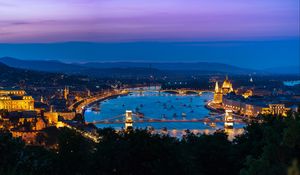 Preview wallpaper city, buildings, backlight, water, twilight, aerial view