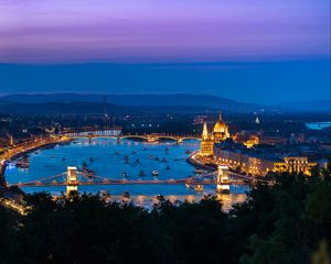 Preview wallpaper city, buildings, backlight, water, twilight, aerial view