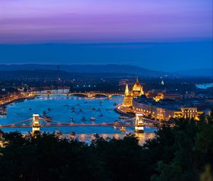 Preview wallpaper city, buildings, backlight, water, twilight, aerial view