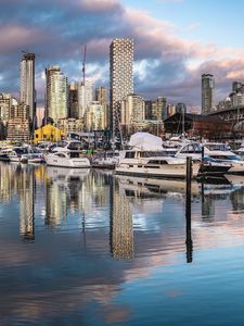 Preview wallpaper city, buildings, boats, yachts, pier, water