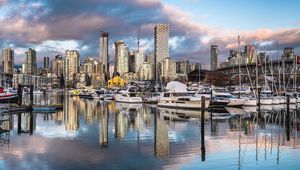 Preview wallpaper city, buildings, boats, yachts, pier, water