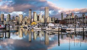 Preview wallpaper city, buildings, boats, yachts, pier, water