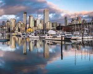 Preview wallpaper city, buildings, boats, yachts, pier, water