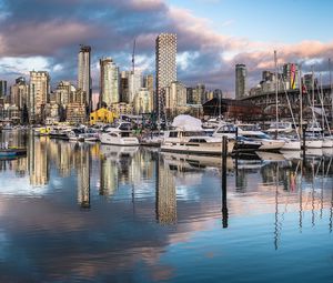 Preview wallpaper city, buildings, boats, yachts, pier, water