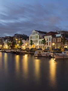 Preview wallpaper city, buildings, boats, water, lights, twilight