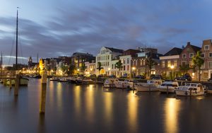 Preview wallpaper city, buildings, boats, water, lights, twilight