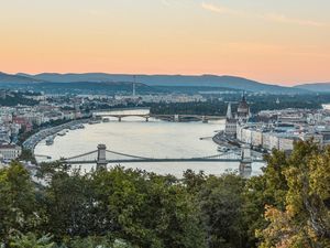 Preview wallpaper city, buildings, bridge, trees, river