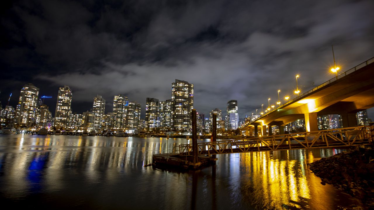 Wallpaper city, buildings, bridge, night, lights