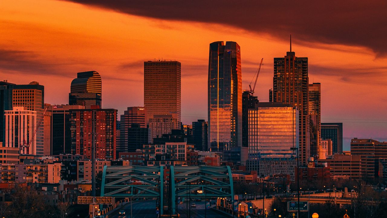 Wallpaper city, buildings, bridge, road, sunset
