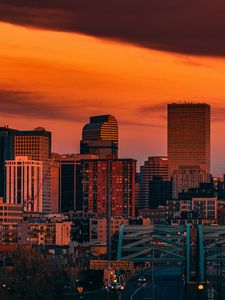 Preview wallpaper city, buildings, bridge, road, sunset