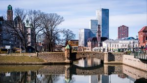 Preview wallpaper city, buildings, bridge, river, embankment, architecture