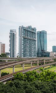 Preview wallpaper city, buildings, bridge, road, junction, trees