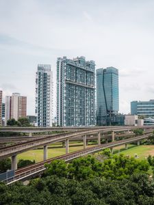 Preview wallpaper city, buildings, bridge, road, junction, trees