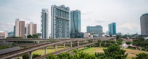 Preview wallpaper city, buildings, bridge, road, junction, trees