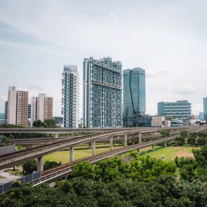 Preview wallpaper city, buildings, bridge, road, junction, trees