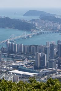 Preview wallpaper city, buildings, bridge, water, aerial view