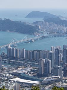 Preview wallpaper city, buildings, bridge, water, aerial view