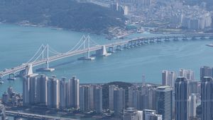 Preview wallpaper city, buildings, bridge, water, aerial view