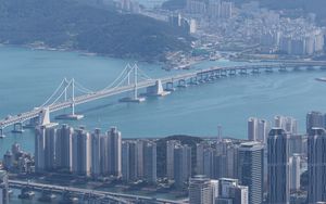 Preview wallpaper city, buildings, bridge, water, aerial view