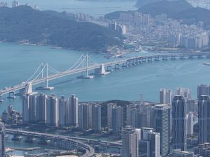 Preview wallpaper city, buildings, bridge, water, aerial view