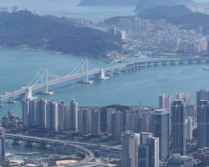 Preview wallpaper city, buildings, bridge, water, aerial view