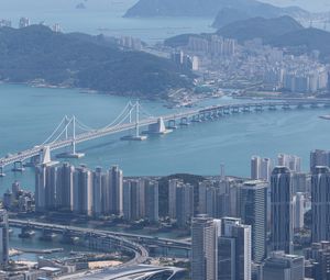 Preview wallpaper city, buildings, bridge, water, aerial view