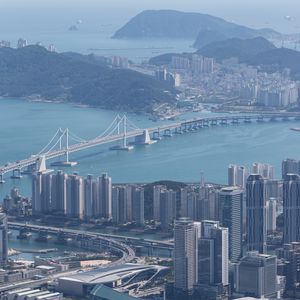 Preview wallpaper city, buildings, bridge, water, aerial view