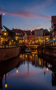 Preview wallpaper city, buildings, bridge, river, lights, twilight