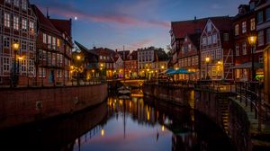 Preview wallpaper city, buildings, bridge, river, lights, twilight