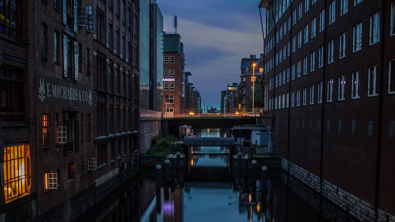 Wallpaper city, buildings, bridge, river, twilight