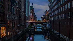 Preview wallpaper city, buildings, bridge, river, twilight