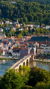 Preview wallpaper city, buildings, bridge, river, trees, aerial view