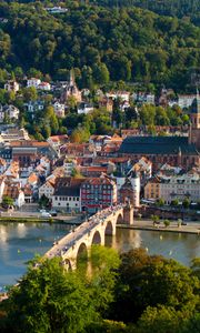 Preview wallpaper city, buildings, bridge, river, trees, aerial view