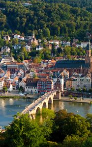 Preview wallpaper city, buildings, bridge, river, trees, aerial view