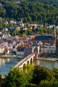 Preview wallpaper city, buildings, bridge, river, trees, aerial view