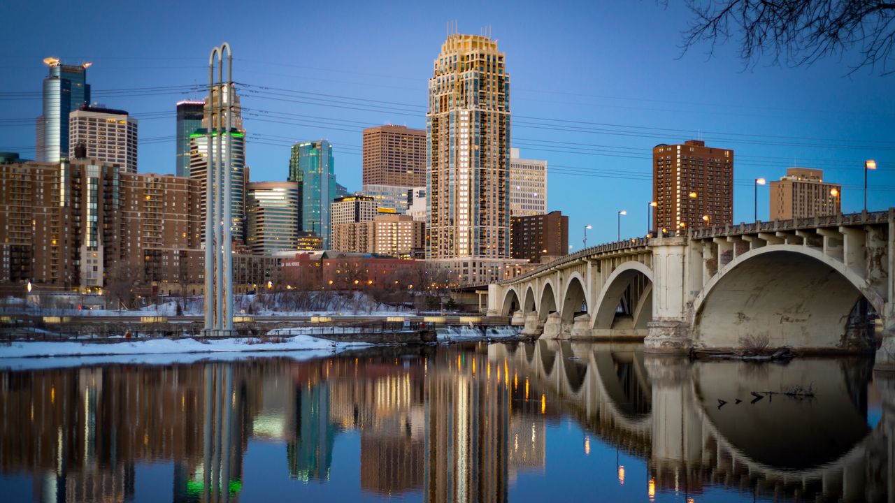 Wallpaper city, buildings, bridge, water, twilight hd, picture, image