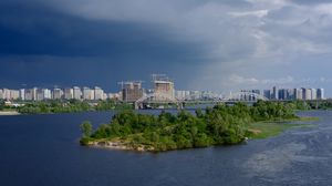 Preview wallpaper city, buildings, bridge, river, aerial view