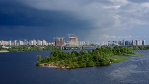 Preview wallpaper city, buildings, bridge, river, aerial view