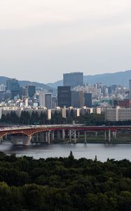 Preview wallpaper city, buildings, bridge, trees, river, aerial view