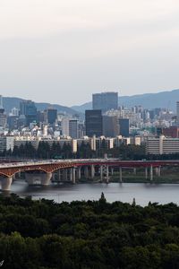 Preview wallpaper city, buildings, bridge, trees, river, aerial view