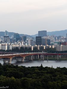 Preview wallpaper city, buildings, bridge, trees, river, aerial view