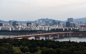 Preview wallpaper city, buildings, bridge, trees, river, aerial view