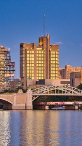 Preview wallpaper city, buildings, bridge, water, pier