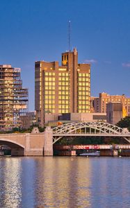 Preview wallpaper city, buildings, bridge, water, pier