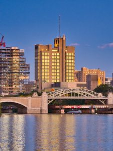 Preview wallpaper city, buildings, bridge, water, pier