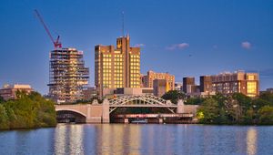 Preview wallpaper city, buildings, bridge, water, pier