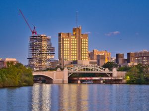 Preview wallpaper city, buildings, bridge, water, pier