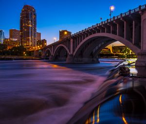 Preview wallpaper city, buildings, bridge, architecture, water, twilight