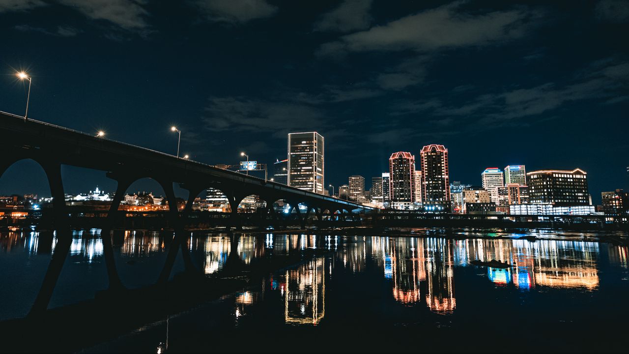 Wallpaper city, buildings, bridge, lights, night, reflection, dark