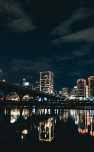 Preview wallpaper city, buildings, bridge, lights, night, reflection, dark